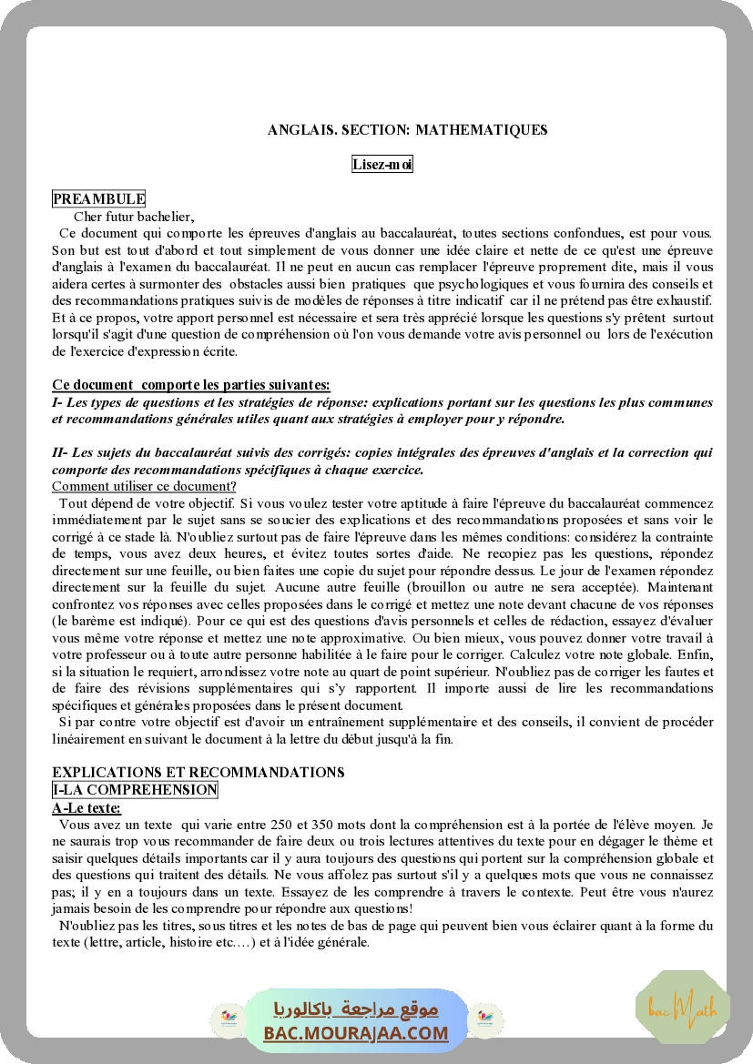 Corrigé principale anglais Bac 2009 – Section math